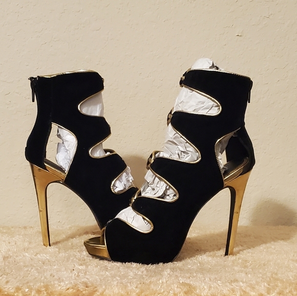 Scene Jamari Black and Gold Velvet Platform Heel womens size 7.5 - Picture 2 of 6